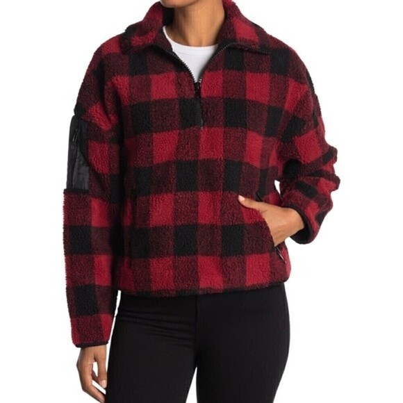 New! Buffalo Plaid Sherpa Faux Shearling Pullover Zip Jacket - Picture 1 of 12
